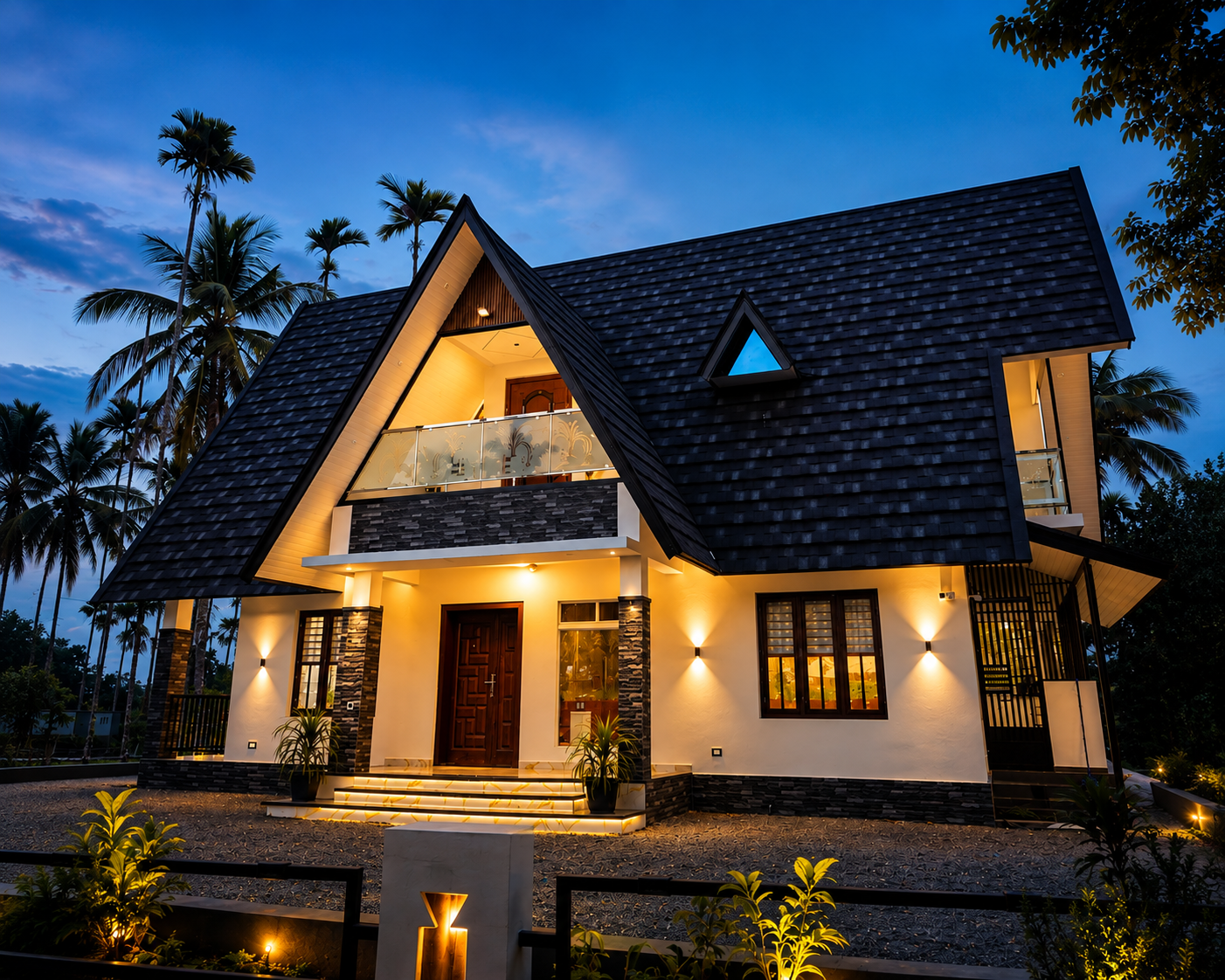 image of a a frame villa house in the dusk lit up in warm
